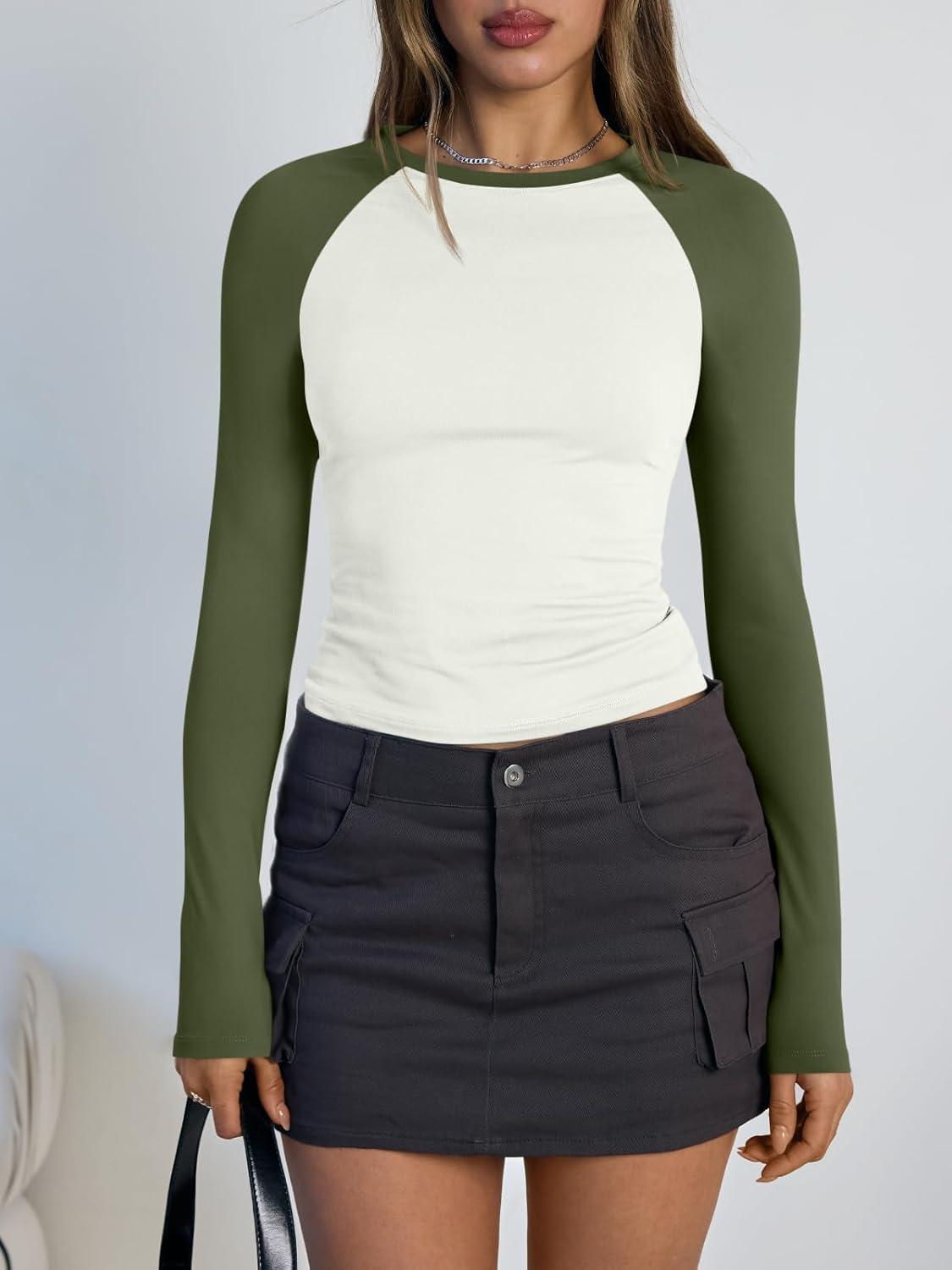 imageTrendy Queen Womens Long Sleeve Shirts Slim Fit Stretchy Color Block Slightly Cropped TopsWhite Green Combo