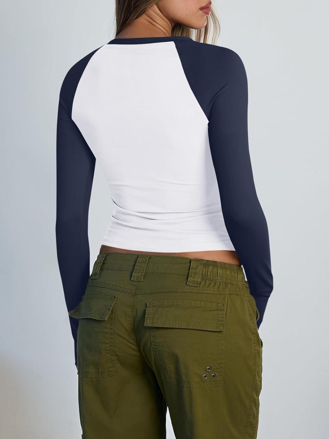 imageTrendy Queen Womens Long Sleeve Shirts Slim Fit Stretchy Color Block Slightly Cropped TopsWhite Navy Combo