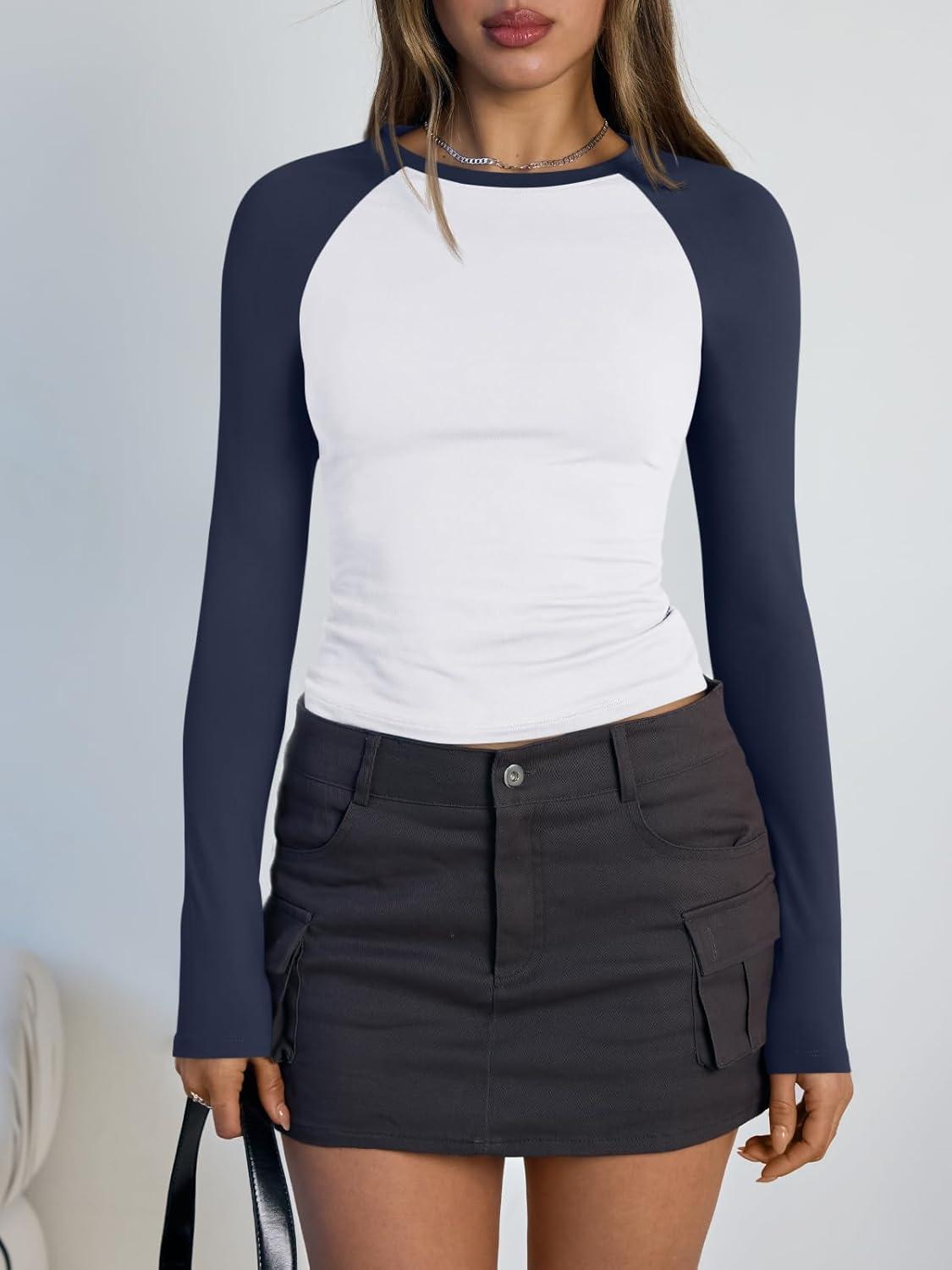 imageTrendy Queen Womens Long Sleeve Shirts Slim Fit Stretchy Color Block Slightly Cropped TopsWhite Navy Combo