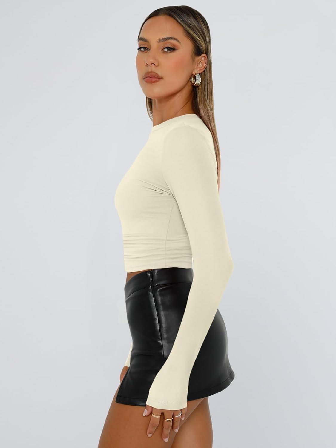 imageTrendy Queen Womens Long Sleeve T Shirts Fall Fashion 2025 Basic Crop Tops Going Out Outfits Y2k ClothesApricot