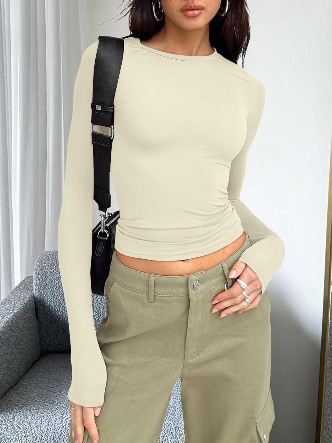 imageTrendy Queen Womens Long Sleeve T Shirts Fall Fashion 2025 Basic Crop Tops Going Out Outfits Y2k ClothesApricot