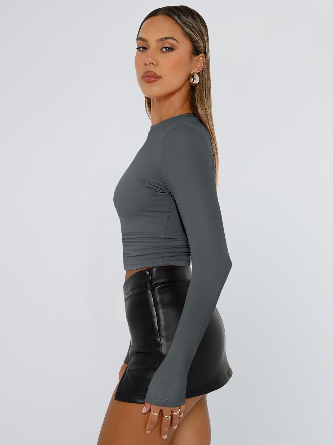 imageTrendy Queen Womens Long Sleeve T Shirts Fall Fashion 2025 Basic Crop Tops Going Out Outfits Y2k ClothesGray