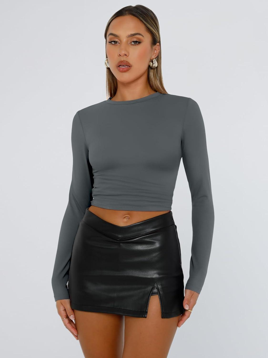 imageTrendy Queen Womens Long Sleeve T Shirts Fall Fashion 2025 Basic Crop Tops Going Out Outfits Y2k ClothesGray