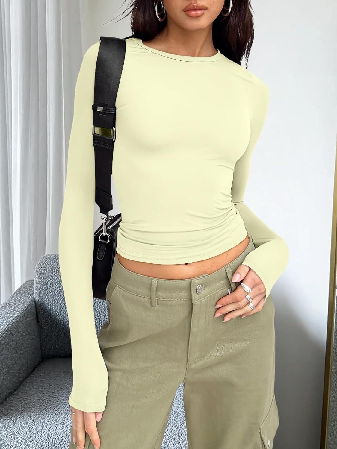 imageTrendy Queen Womens Long Sleeve T Shirts Fall Fashion 2025 Basic Crop Tops Going Out Outfits Y2k ClothesLemon Yellow