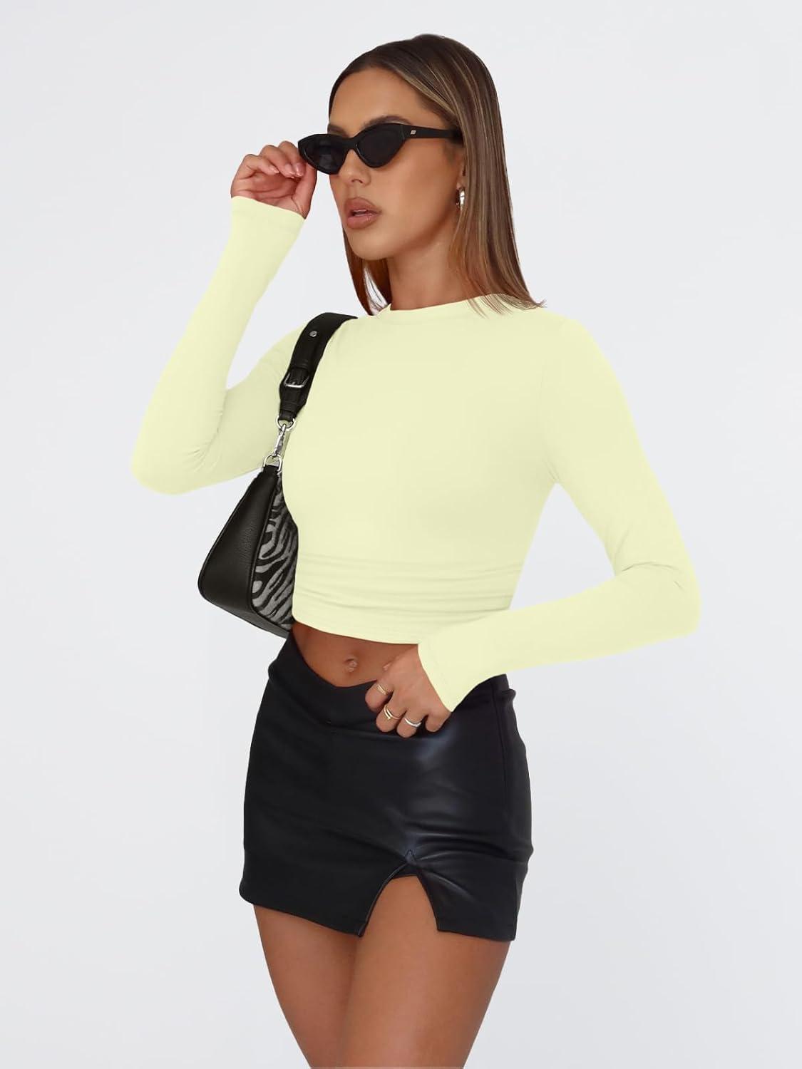 imageTrendy Queen Womens Long Sleeve T Shirts Fall Fashion 2025 Basic Crop Tops Going Out Outfits Y2k ClothesLemon Yellow