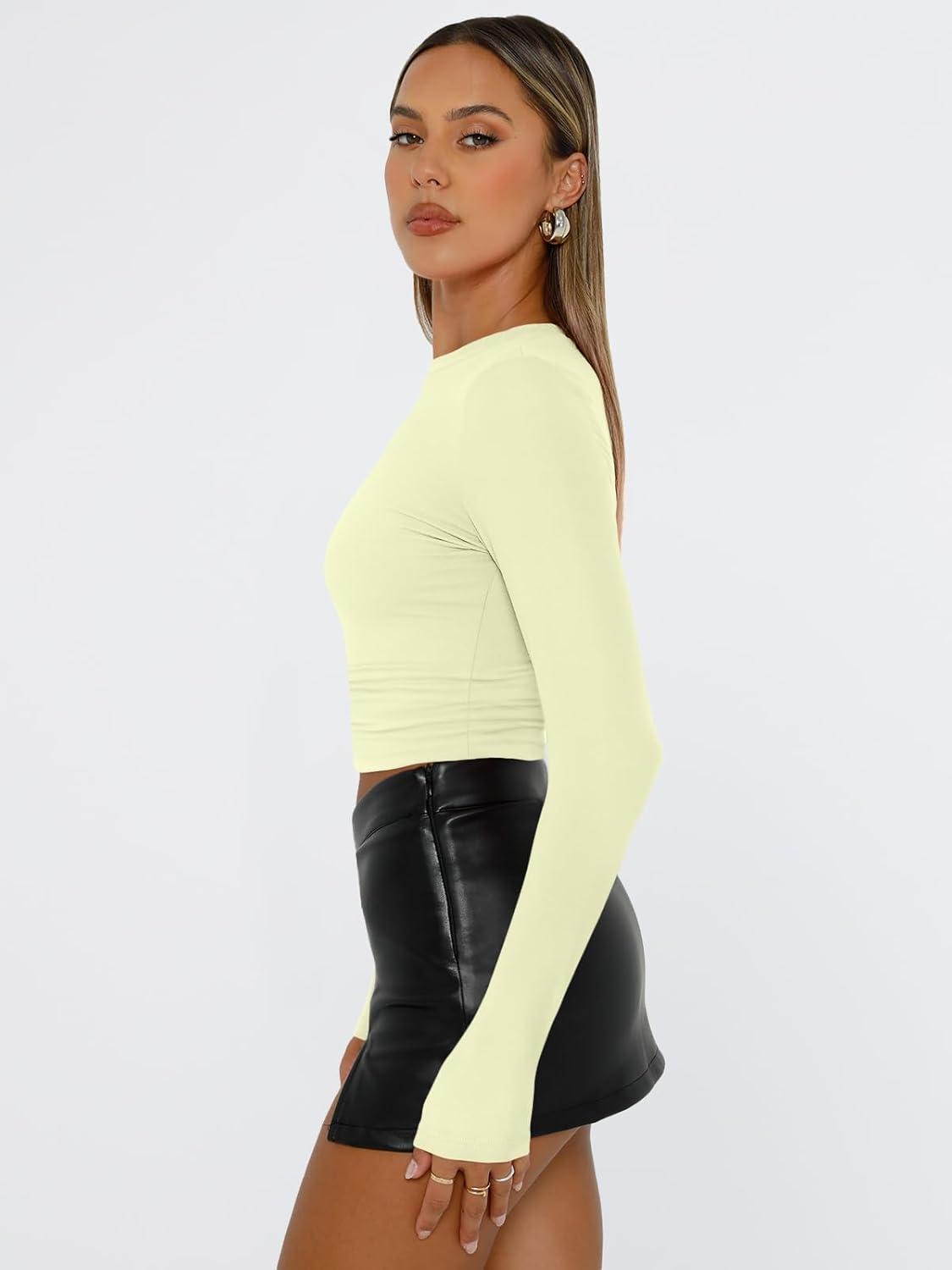 imageTrendy Queen Womens Long Sleeve T Shirts Fall Fashion 2025 Basic Crop Tops Going Out Outfits Y2k ClothesLemon Yellow
