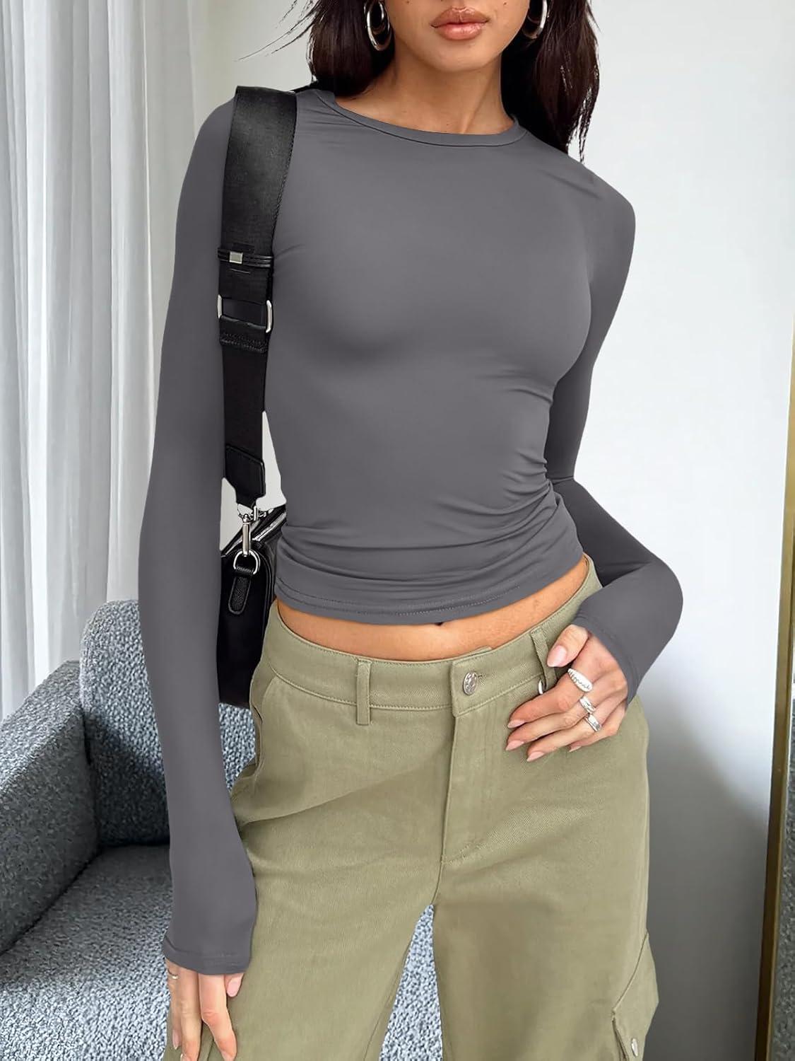 imageTrendy Queen Womens Long Sleeve T Shirts Fall Fashion 2025 Basic Crop Tops Going Out Outfits Y2k ClothesLight Gray