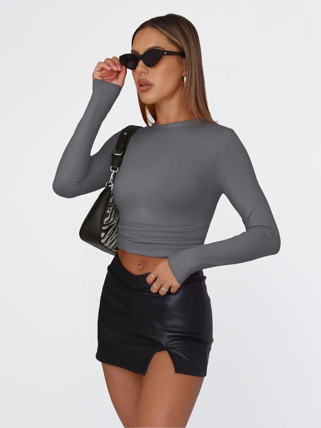 imageTrendy Queen Womens Long Sleeve T Shirts Fall Fashion 2025 Basic Crop Tops Going Out Outfits Y2k ClothesLight Gray