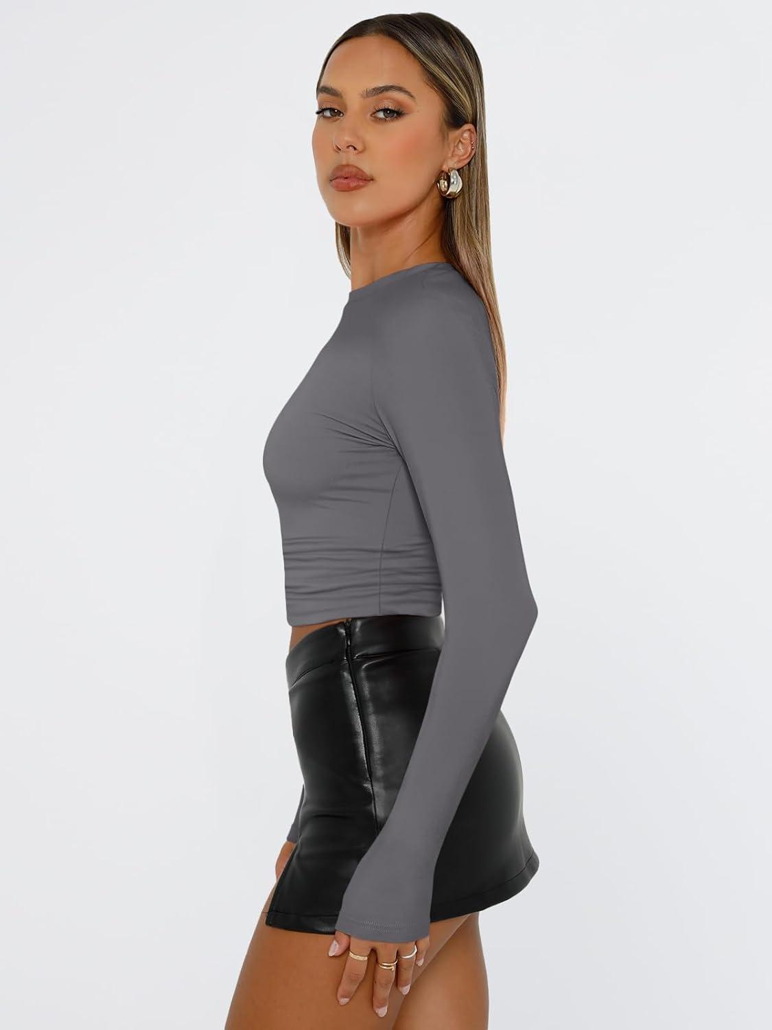 imageTrendy Queen Womens Long Sleeve T Shirts Fall Fashion 2025 Basic Crop Tops Going Out Outfits Y2k ClothesLight Gray