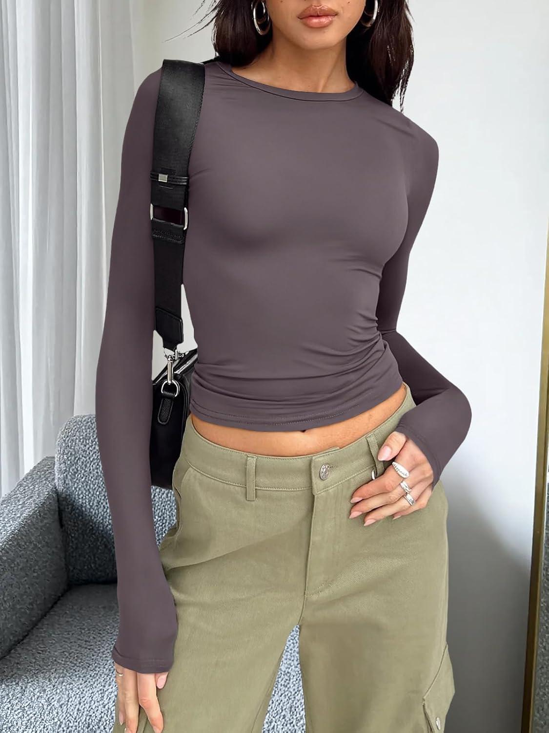 imageTrendy Queen Womens Long Sleeve T Shirts Fall Fashion 2025 Basic Crop Tops Going Out Outfits Y2k ClothesNutmeg