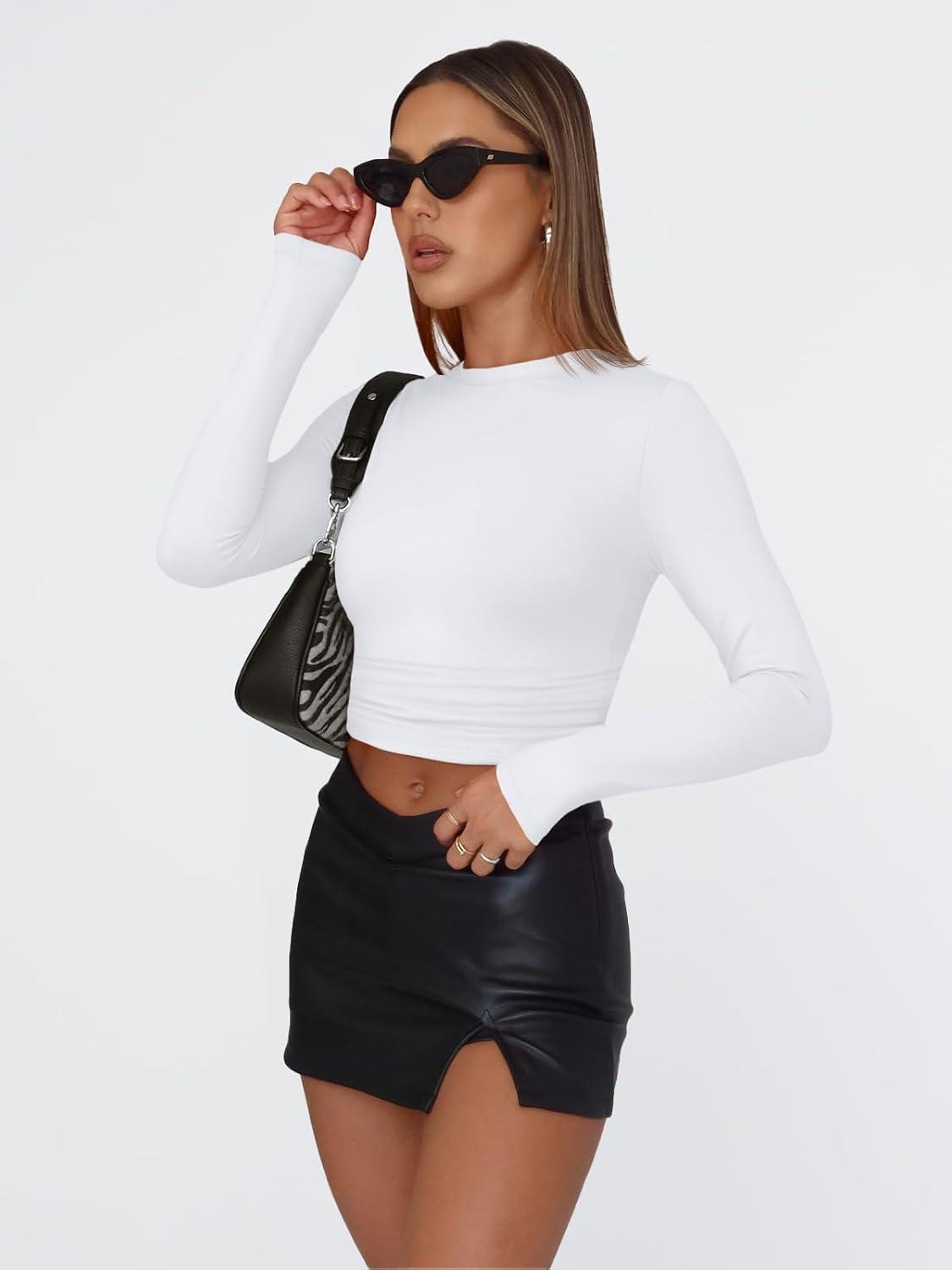 imageTrendy Queen Womens Long Sleeve T Shirts Fall Fashion 2025 Basic Crop Tops Going Out Outfits Y2k ClothesWhite