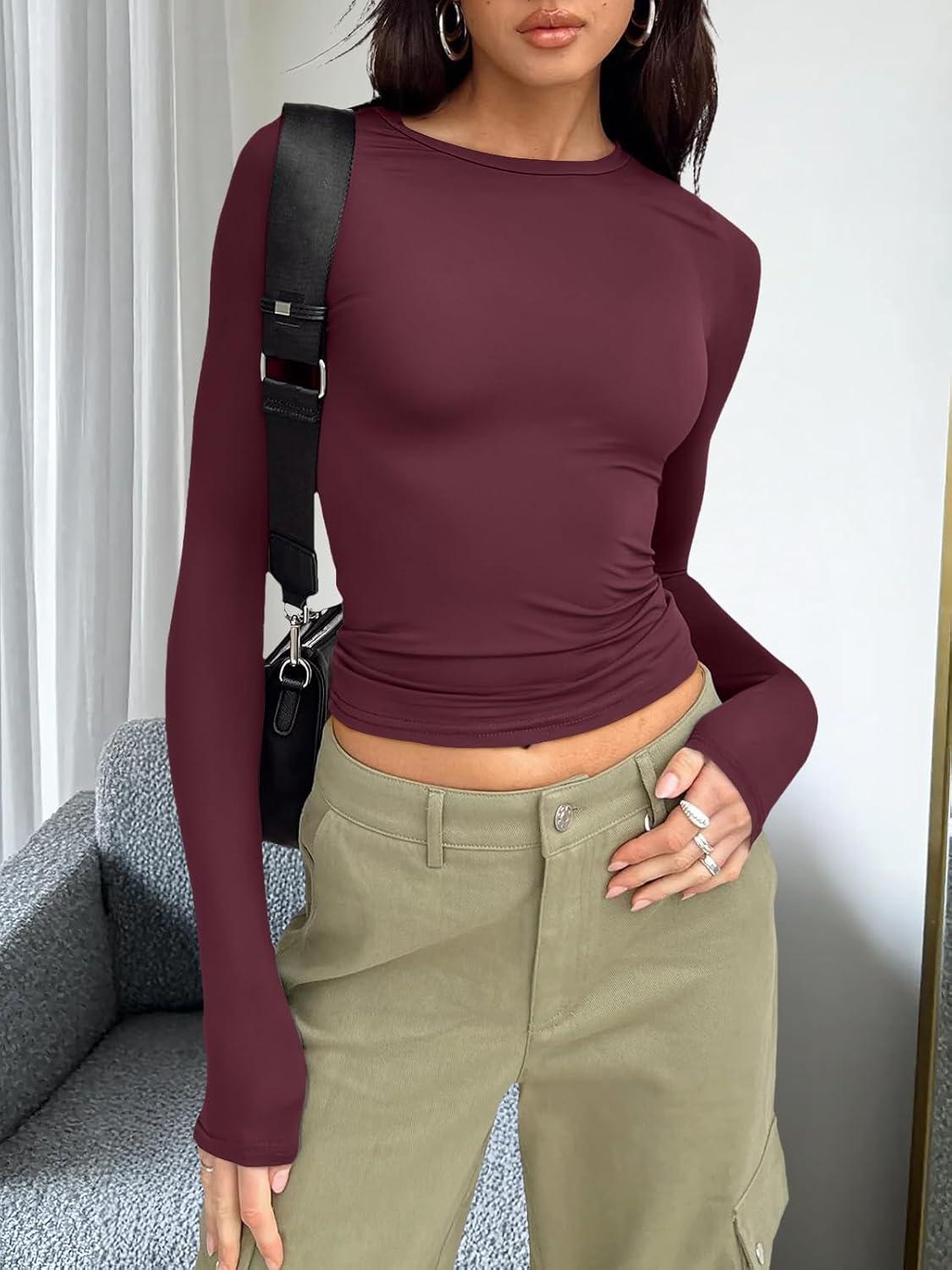 imageTrendy Queen Womens Long Sleeve T Shirts Fall Fashion 2025 Basic Crop Tops Going Out Outfits Y2k ClothesWine Red