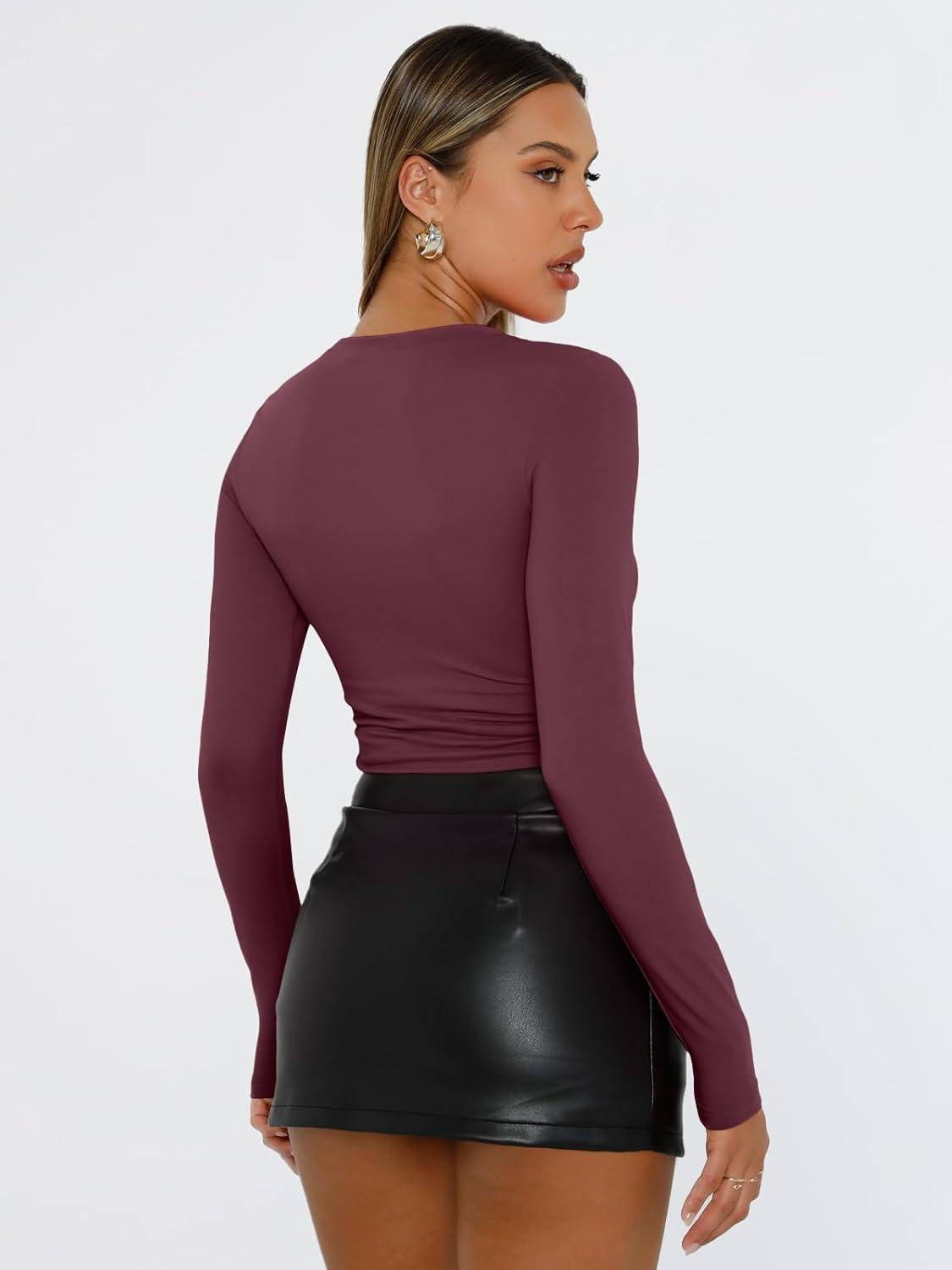 imageTrendy Queen Womens Long Sleeve T Shirts Fall Fashion 2025 Basic Crop Tops Going Out Outfits Y2k ClothesWine Red