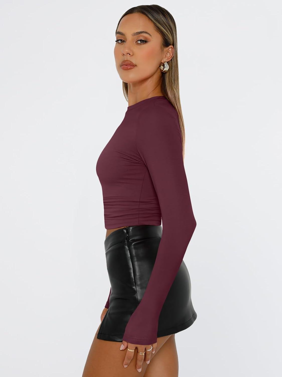 imageTrendy Queen Womens Long Sleeve T Shirts Fall Fashion 2025 Basic Crop Tops Going Out Outfits Y2k ClothesWine Red