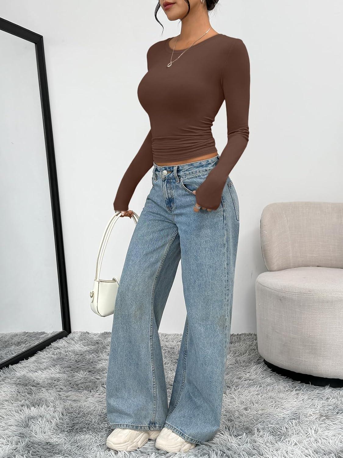 imageTrendy Queen Womens Long Sleeve TShirts Basic Crop Tops 2025 Fall Fashion Outfits Going Out Winter ClothesCocoa