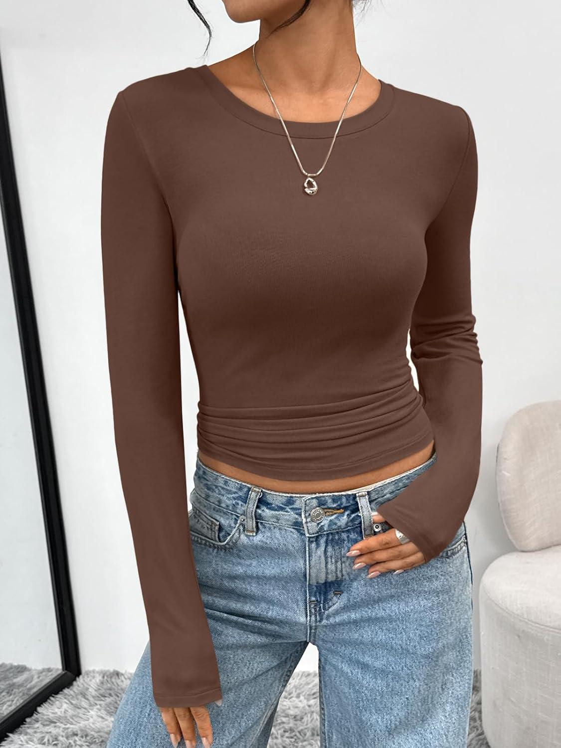 imageTrendy Queen Womens Long Sleeve TShirts Basic Crop Tops 2025 Fall Fashion Outfits Going Out Winter ClothesCocoa