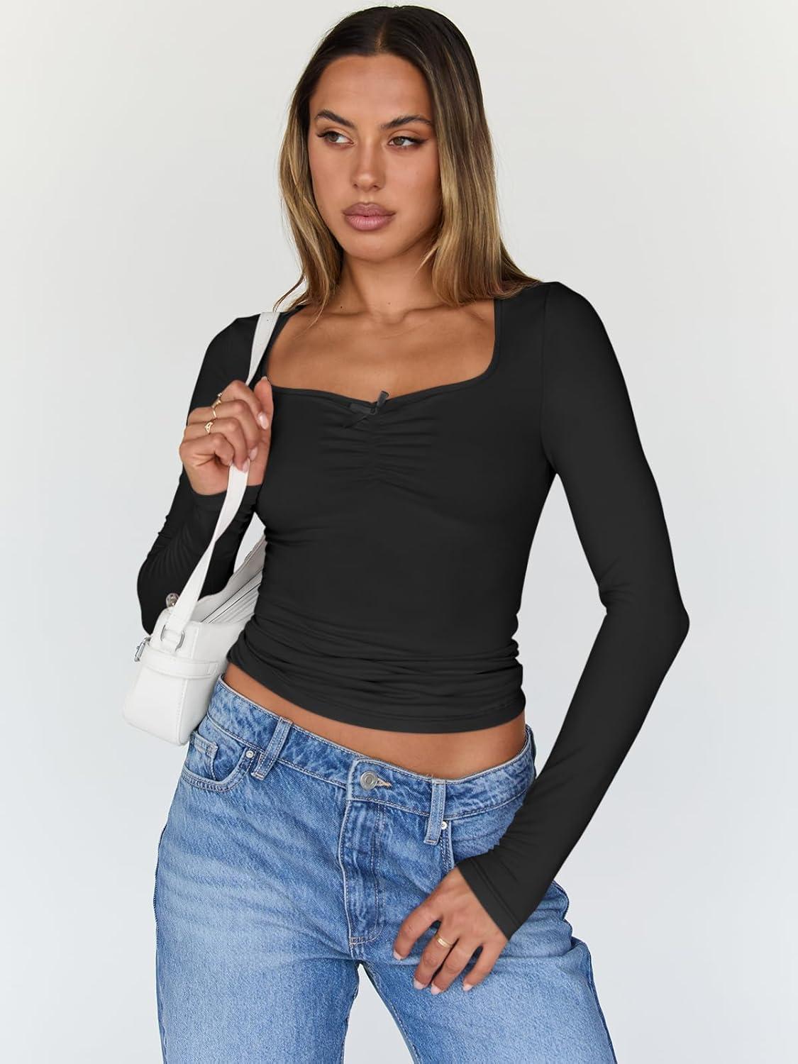 imageTrendy Queen Womens Long Sleeve Tops Going Out Top Trendy Cute Shirt Y2k Clothes Fashion Clothing Fall Outfits 2025Black