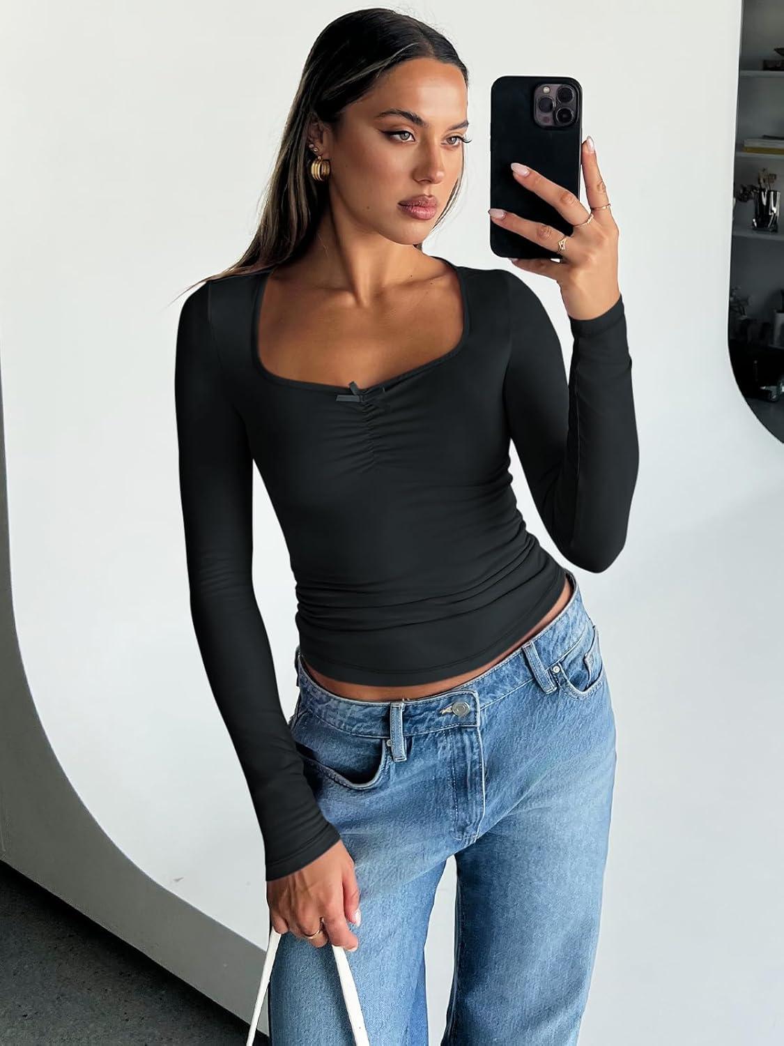imageTrendy Queen Womens Long Sleeve Tops Going Out Top Trendy Cute Shirt Y2k Clothes Fashion Clothing Fall Outfits 2025Black