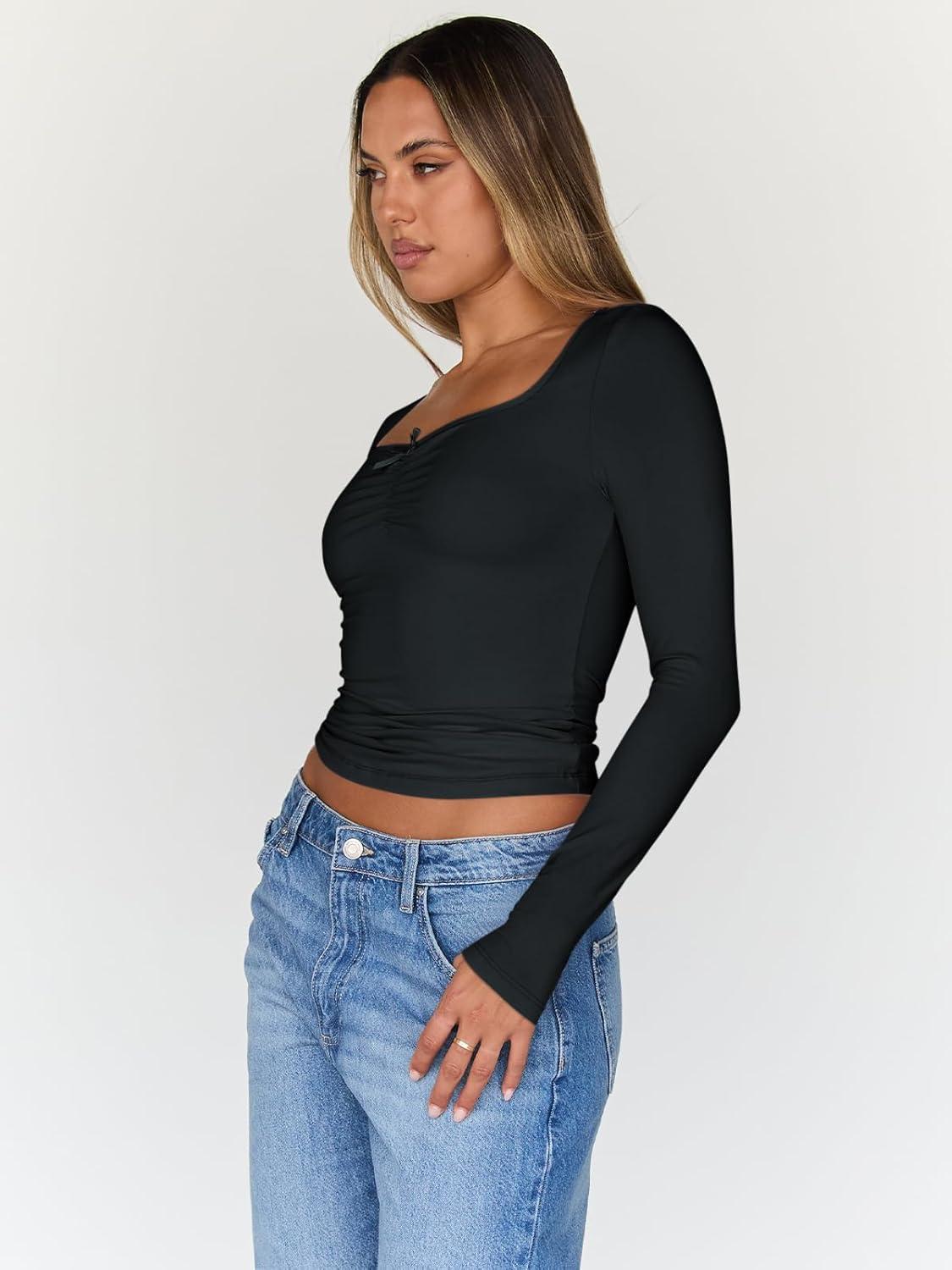 imageTrendy Queen Womens Long Sleeve Tops Going Out Top Trendy Cute Shirt Y2k Clothes Fashion Clothing Fall Outfits 2025Black