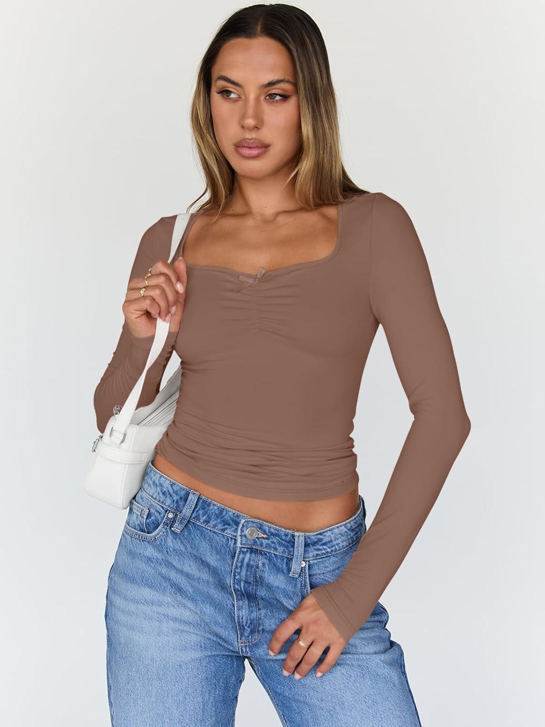 imageTrendy Queen Womens Long Sleeve Tops Going Out Top Trendy Cute Shirt Y2k Clothes Fashion Clothing Fall Outfits 2025Brown