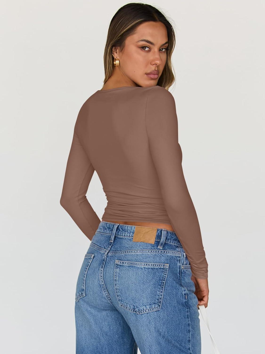 imageTrendy Queen Womens Long Sleeve Tops Going Out Top Trendy Cute Shirt Y2k Clothes Fashion Clothing Fall Outfits 2025Brown