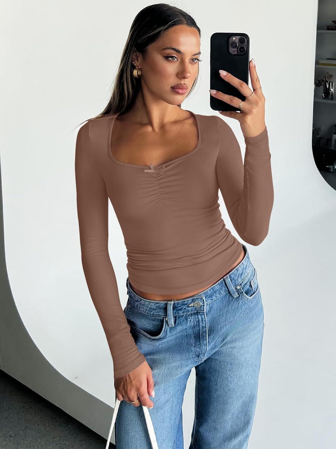 imageTrendy Queen Womens Long Sleeve Tops Going Out Top Trendy Cute Shirt Y2k Clothes Fashion Clothing Fall Outfits 2025Brown