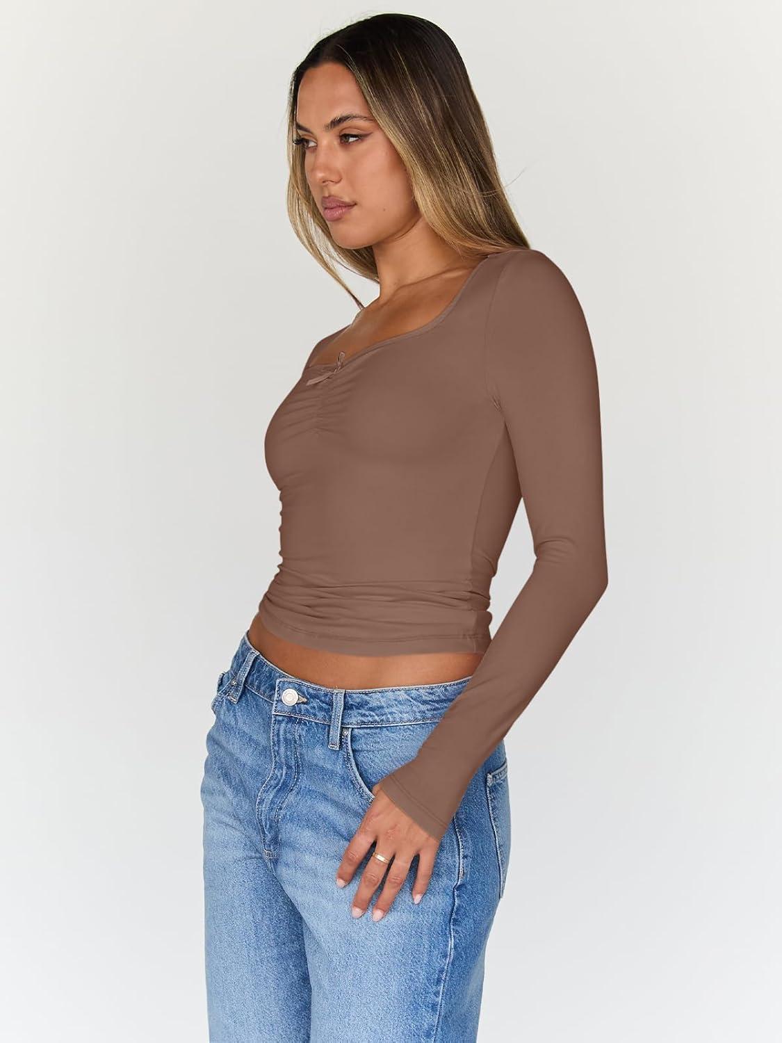 imageTrendy Queen Womens Long Sleeve Tops Going Out Top Trendy Cute Shirt Y2k Clothes Fashion Clothing Fall Outfits 2025Brown