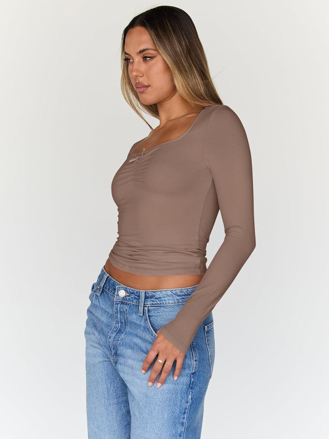 imageTrendy Queen Womens Long Sleeve Tops Going Out Top Trendy Cute Shirt Y2k Clothes Fashion Clothing Fall Outfits 2025Coffeegrey