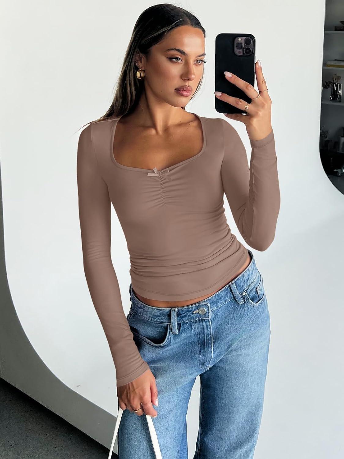 imageTrendy Queen Womens Long Sleeve Tops Going Out Top Trendy Cute Shirt Y2k Clothes Fashion Clothing Fall Outfits 2025Coffeegrey
