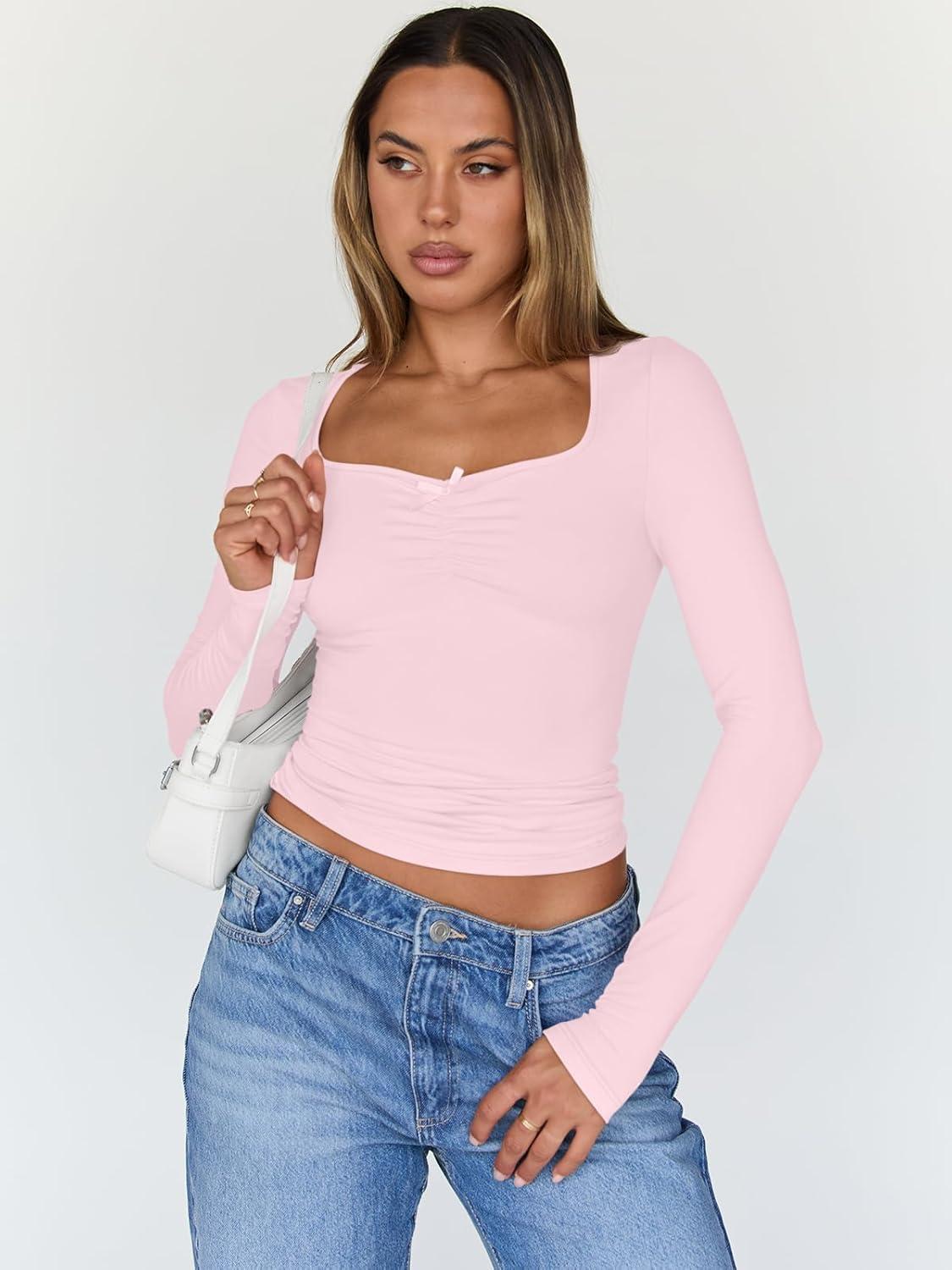 imageTrendy Queen Womens Long Sleeve Tops Going Out Top Trendy Cute Shirt Y2k Clothes Fashion Clothing Fall Outfits 2025Pink