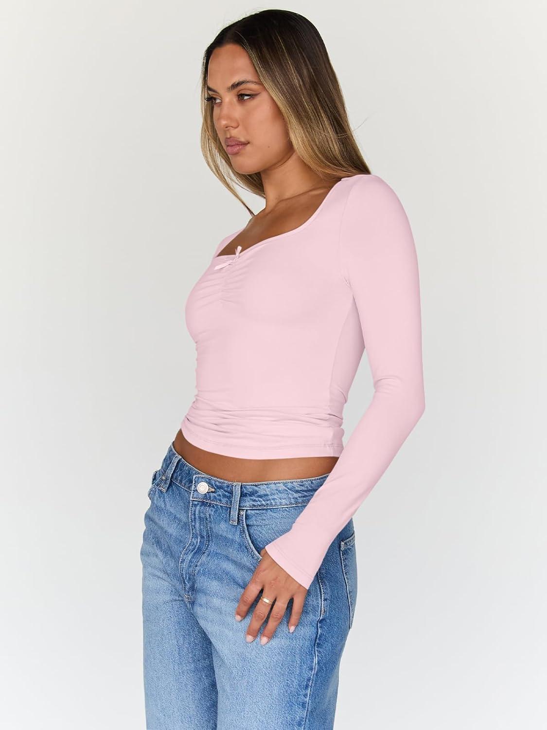 imageTrendy Queen Womens Long Sleeve Tops Going Out Top Trendy Cute Shirt Y2k Clothes Fashion Clothing Fall Outfits 2025Pink