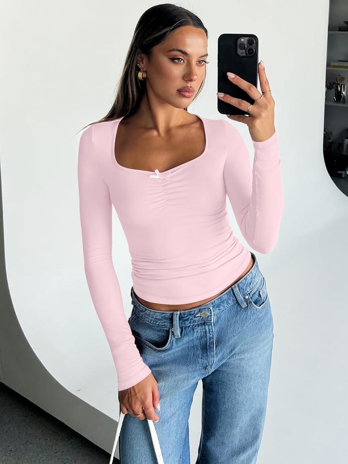 imageTrendy Queen Womens Long Sleeve Tops Going Out Top Trendy Cute Shirt Y2k Clothes Fashion Clothing Fall Outfits 2025Pink