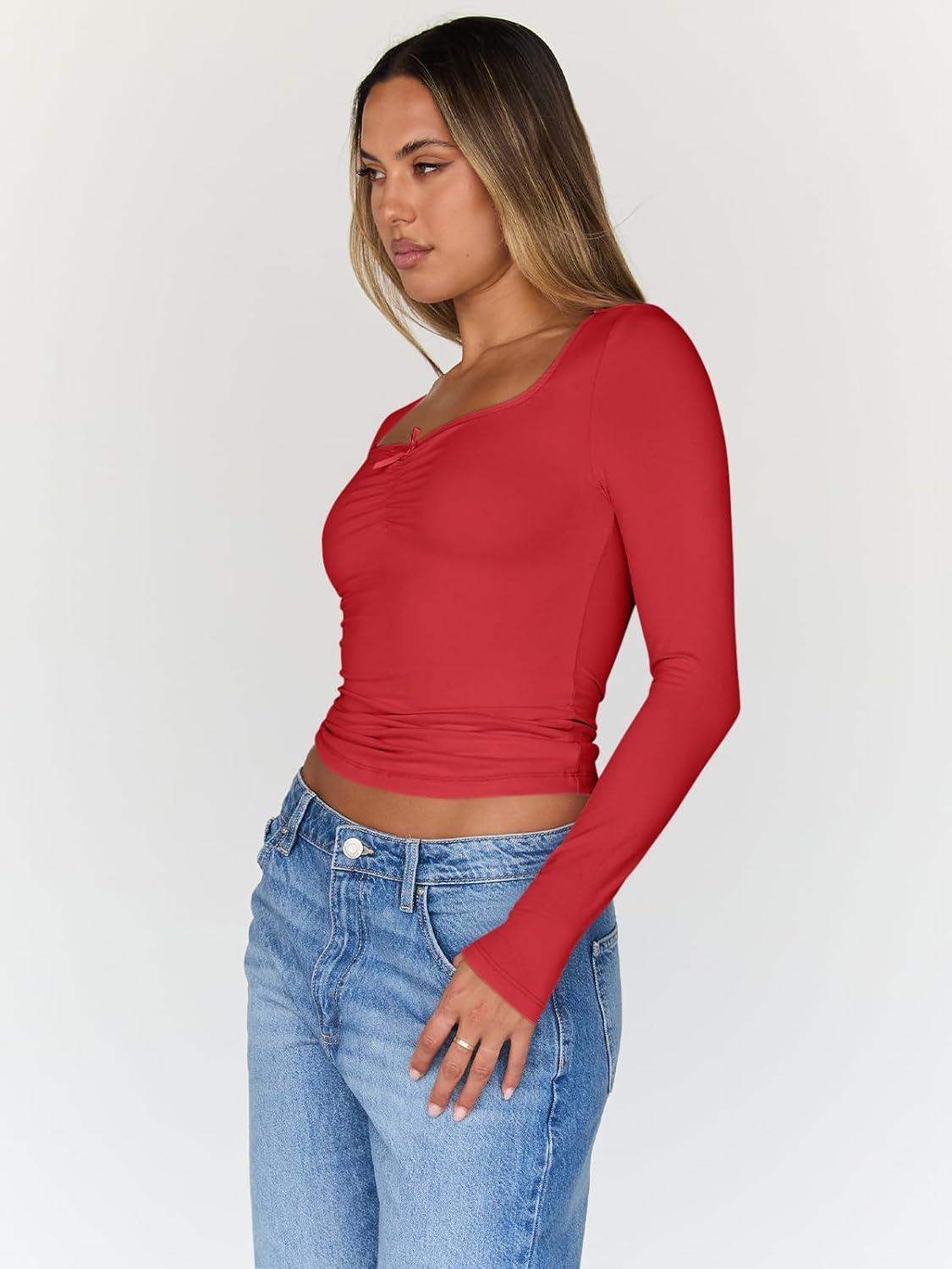 imageTrendy Queen Womens Long Sleeve Tops Going Out Top Trendy Cute Shirt Y2k Clothes Fashion Clothing Fall Outfits 2025Red