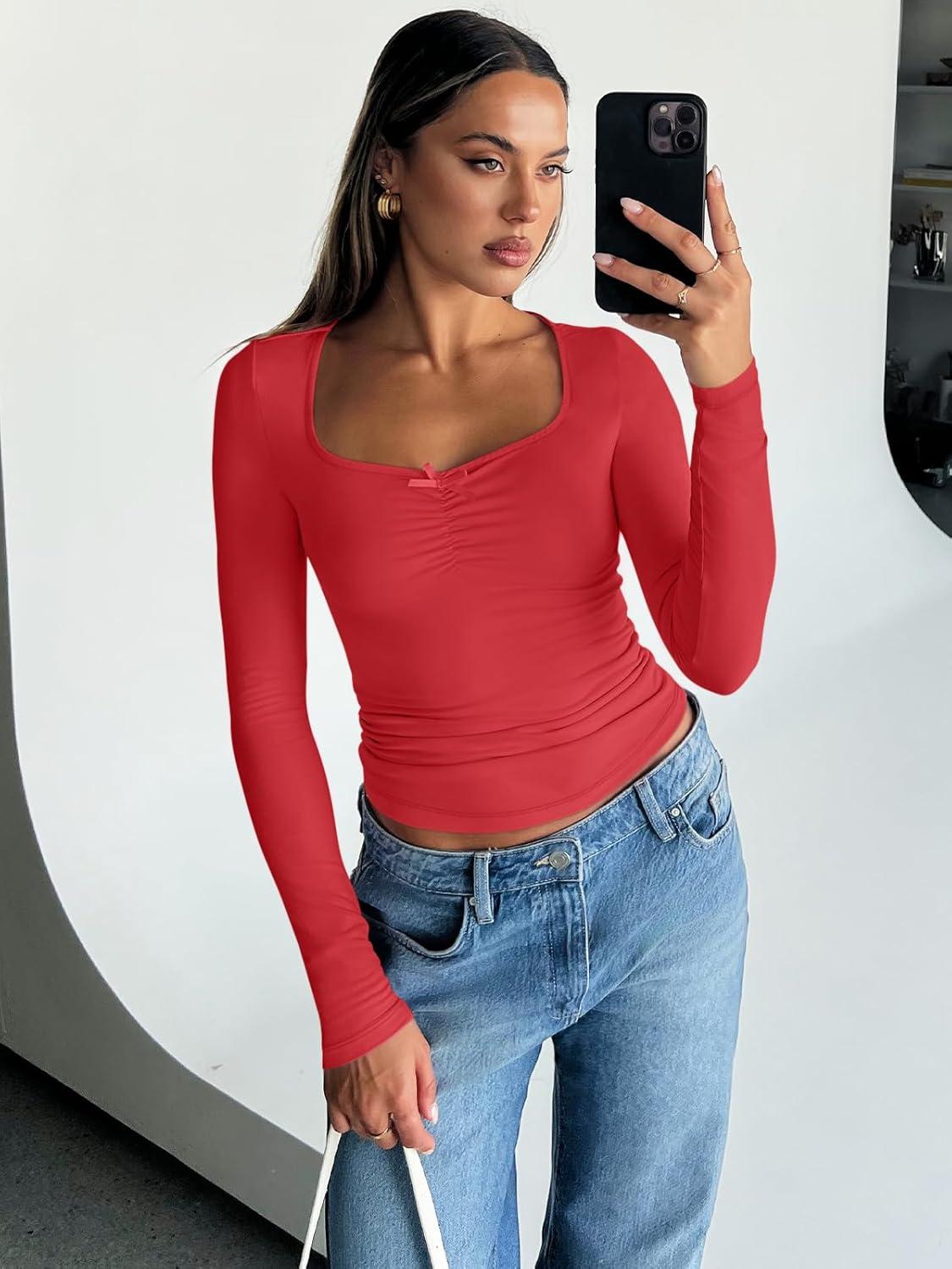 imageTrendy Queen Womens Long Sleeve Tops Going Out Top Trendy Cute Shirt Y2k Clothes Fashion Clothing Fall Outfits 2025Red