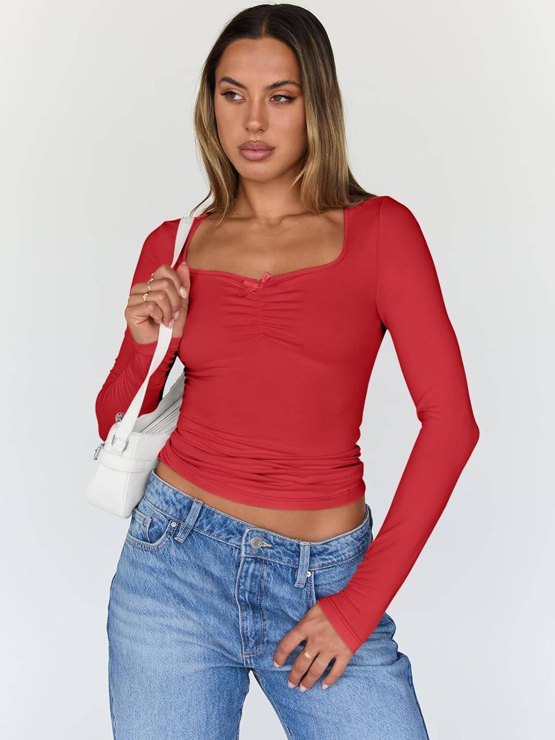 imageTrendy Queen Womens Long Sleeve Tops Going Out Top Trendy Cute Shirt Y2k Clothes Fashion Clothing Fall Outfits 2025Red