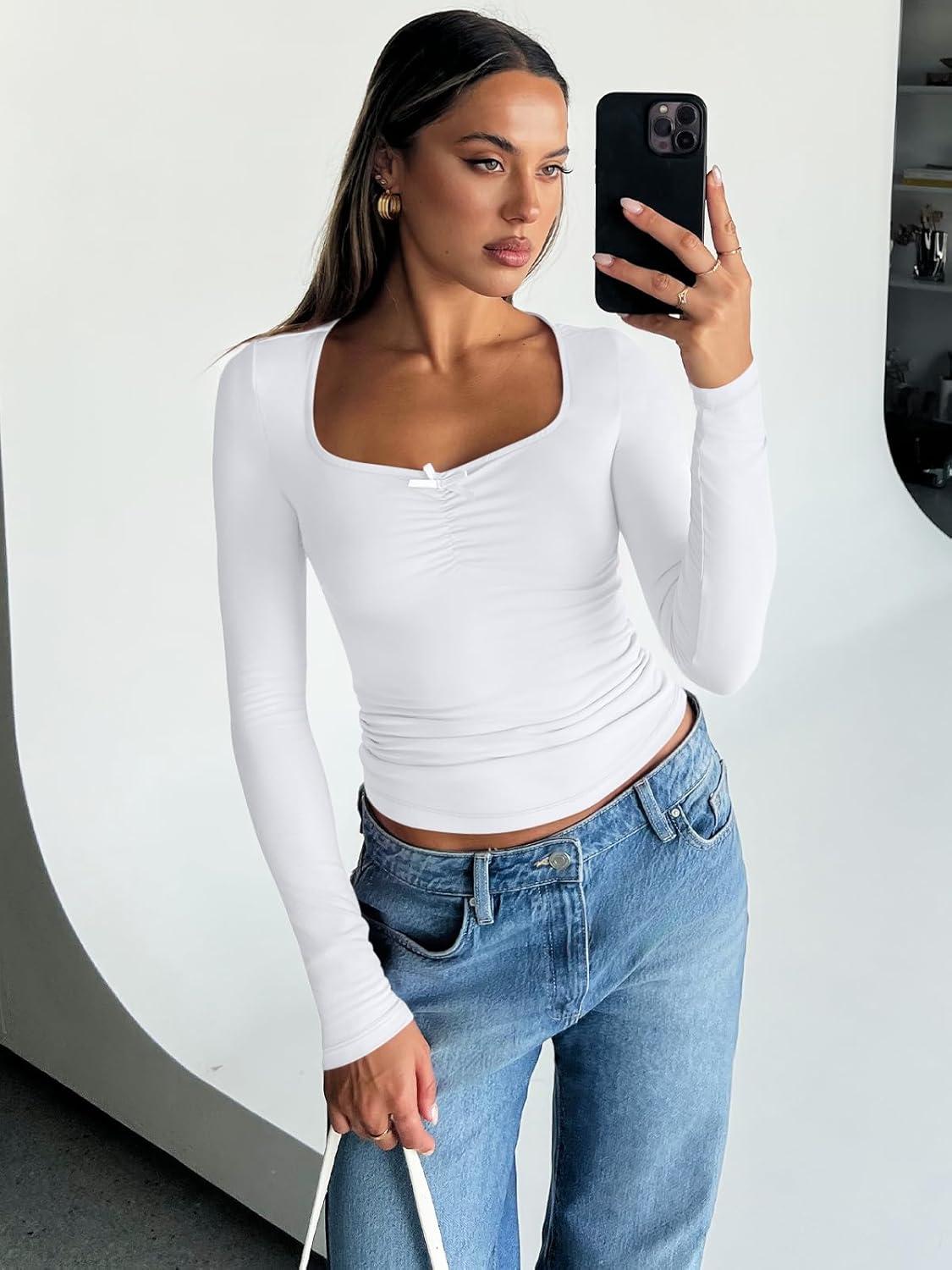 imageTrendy Queen Womens Long Sleeve Tops Going Out Top Trendy Cute Shirt Y2k Clothes Fashion Clothing Fall Outfits 2025White