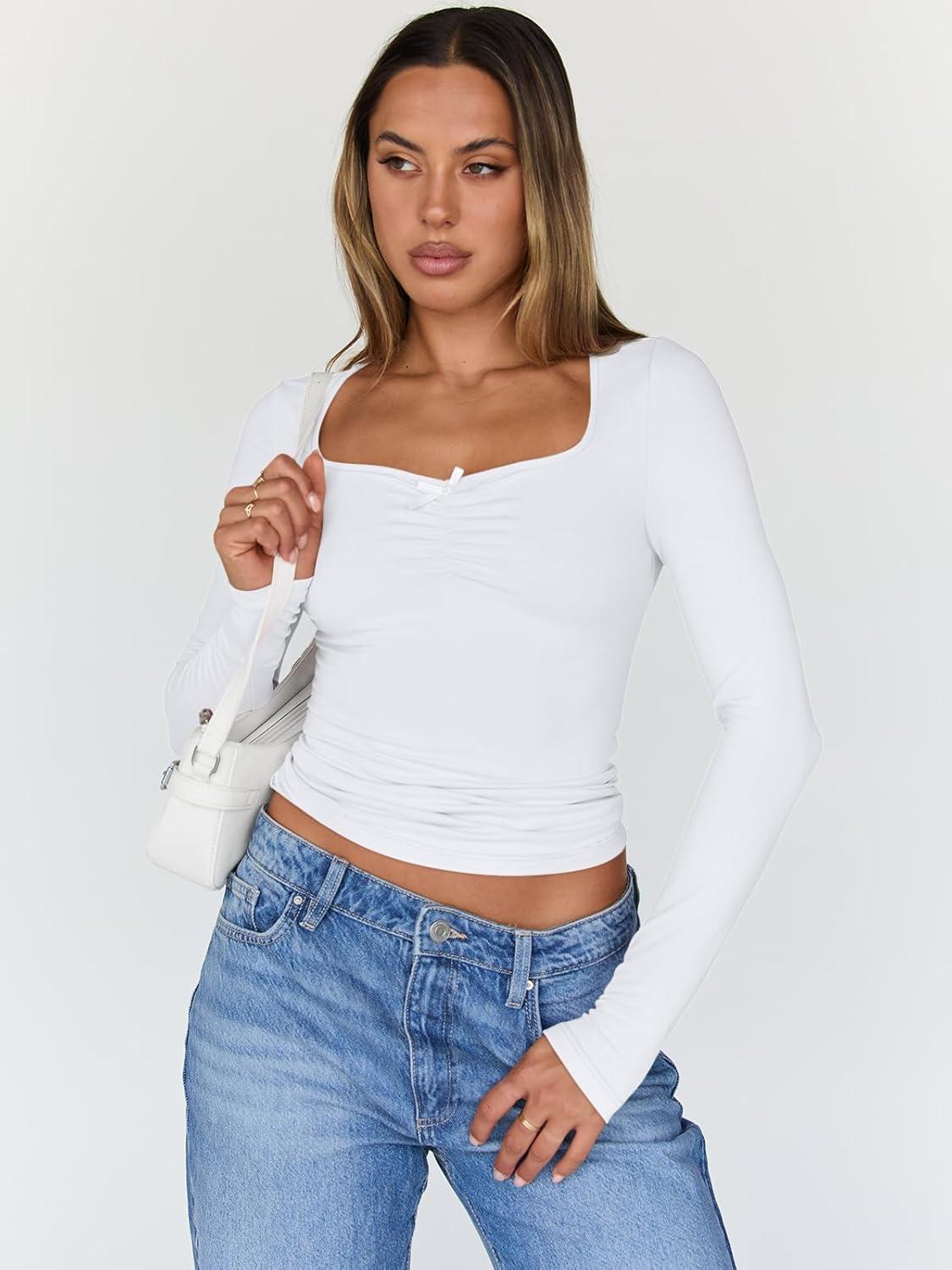 imageTrendy Queen Womens Long Sleeve Tops Going Out Top Trendy Cute Shirt Y2k Clothes Fashion Clothing Fall Outfits 2025White