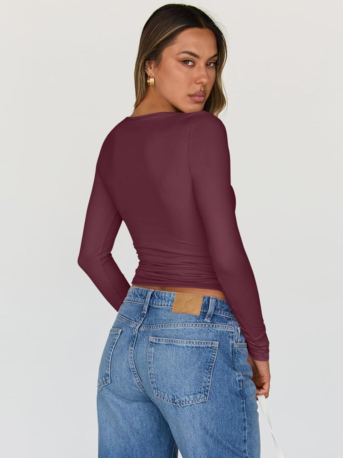 imageTrendy Queen Womens Long Sleeve Tops Going Out Top Trendy Cute Shirt Y2k Clothes Fashion Clothing Fall Outfits 2025Wine Red