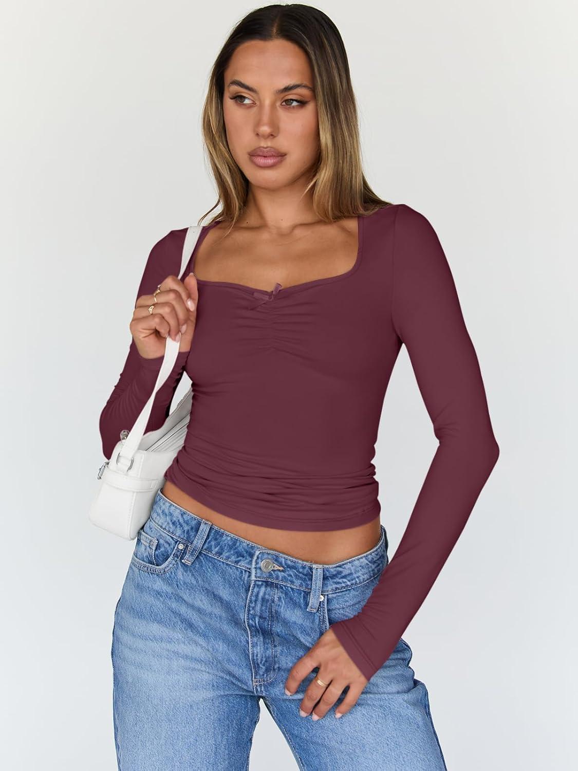 imageTrendy Queen Womens Long Sleeve Tops Going Out Top Trendy Cute Shirt Y2k Clothes Fashion Clothing Fall Outfits 2025Wine Red