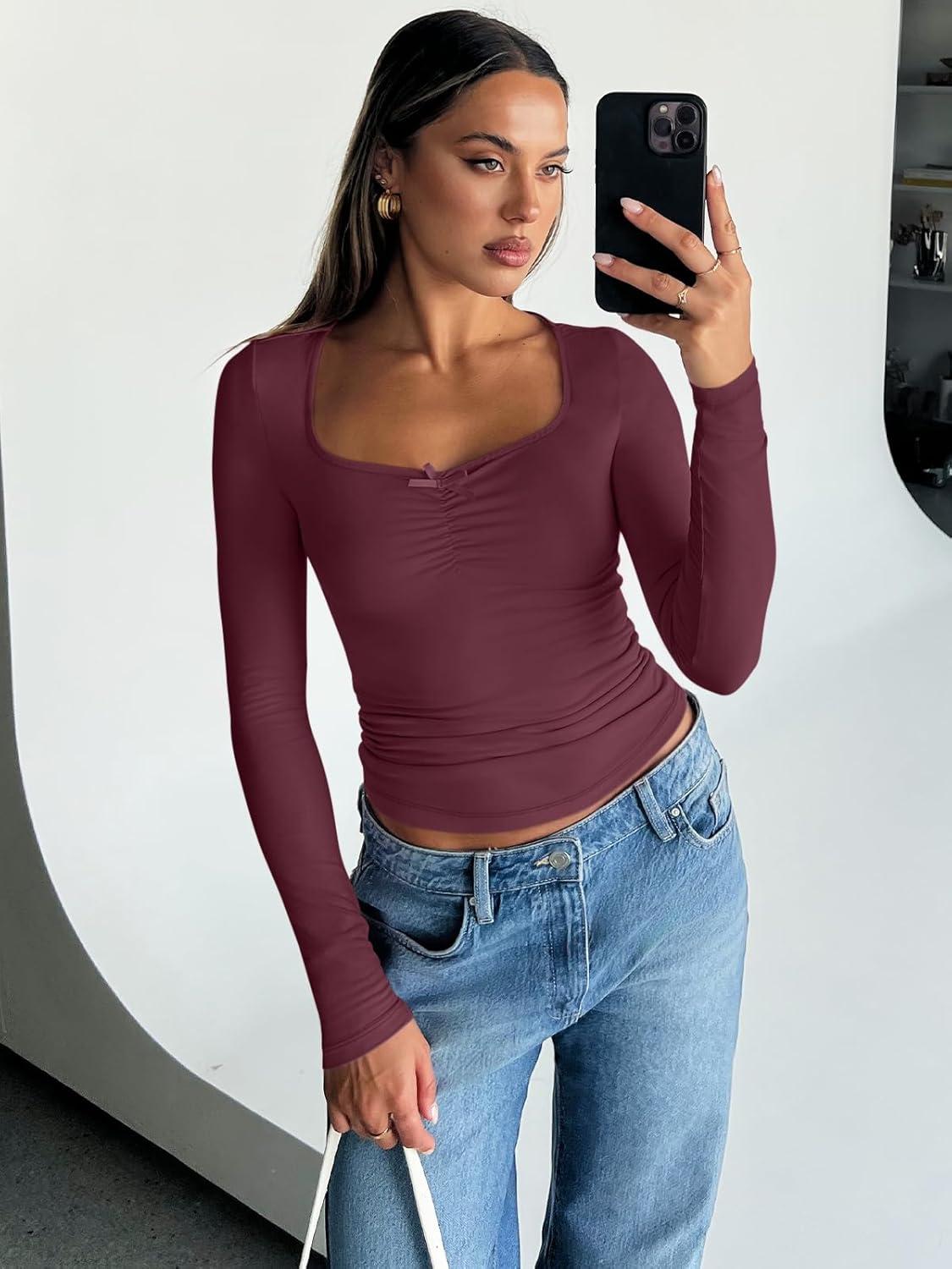 imageTrendy Queen Womens Long Sleeve Tops Going Out Top Trendy Cute Shirt Y2k Clothes Fashion Clothing Fall Outfits 2025Wine Red