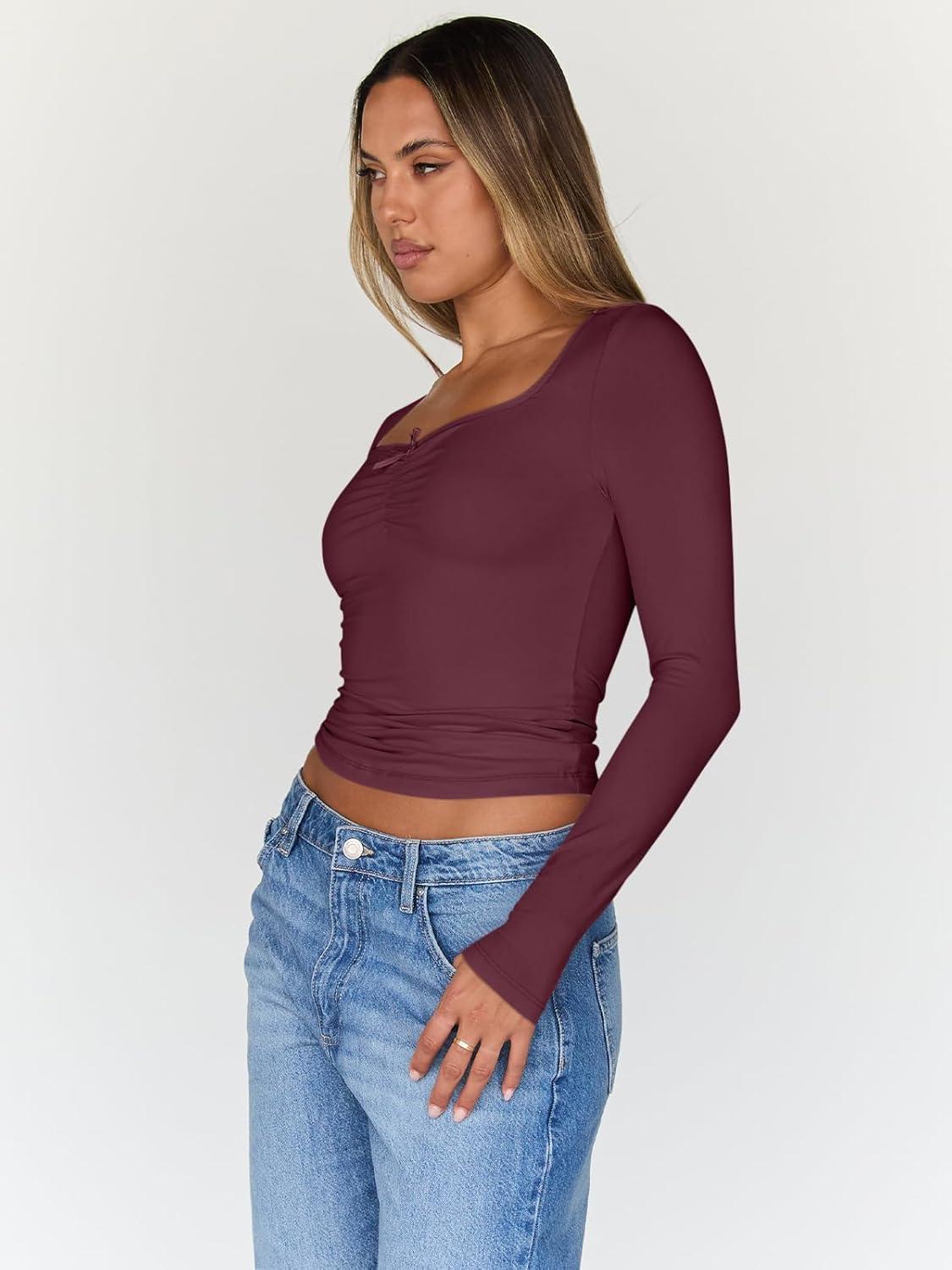 imageTrendy Queen Womens Long Sleeve Tops Going Out Top Trendy Cute Shirt Y2k Clothes Fashion Clothing Fall Outfits 2025Wine Red