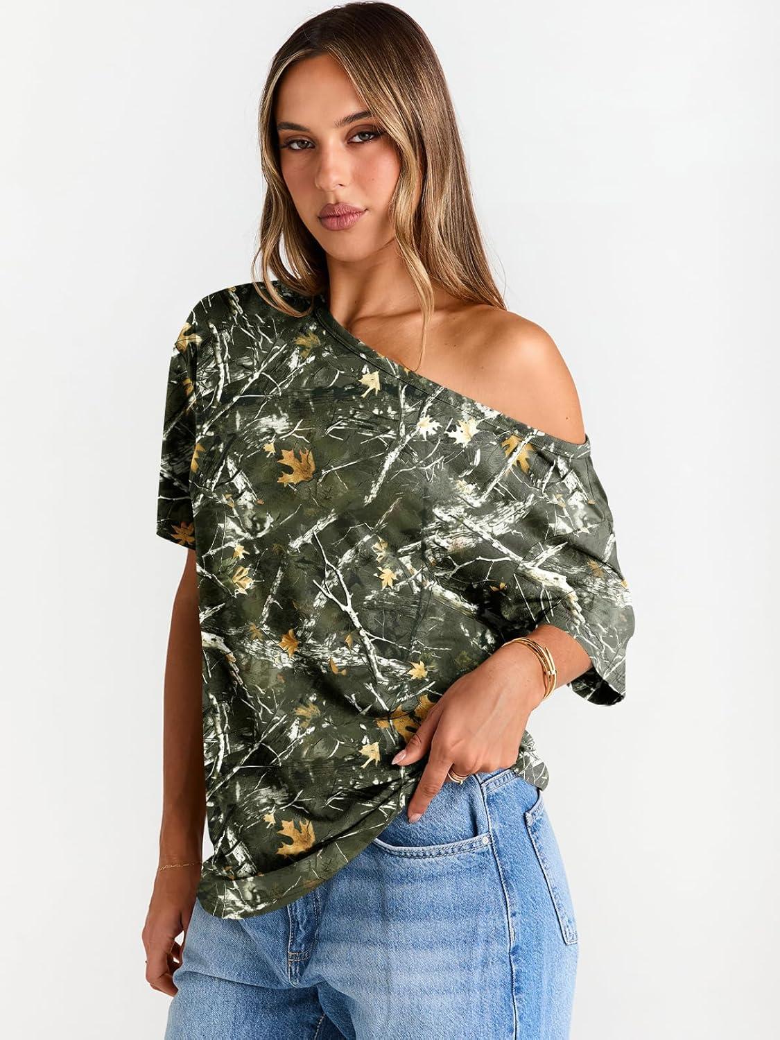 imageTrendy Queen Womens Off The Shoulder Tops Oversized TShirts Short Sleeve Tees Summer 2025 Casual Spring Fashion ClothesMapleleafgreen