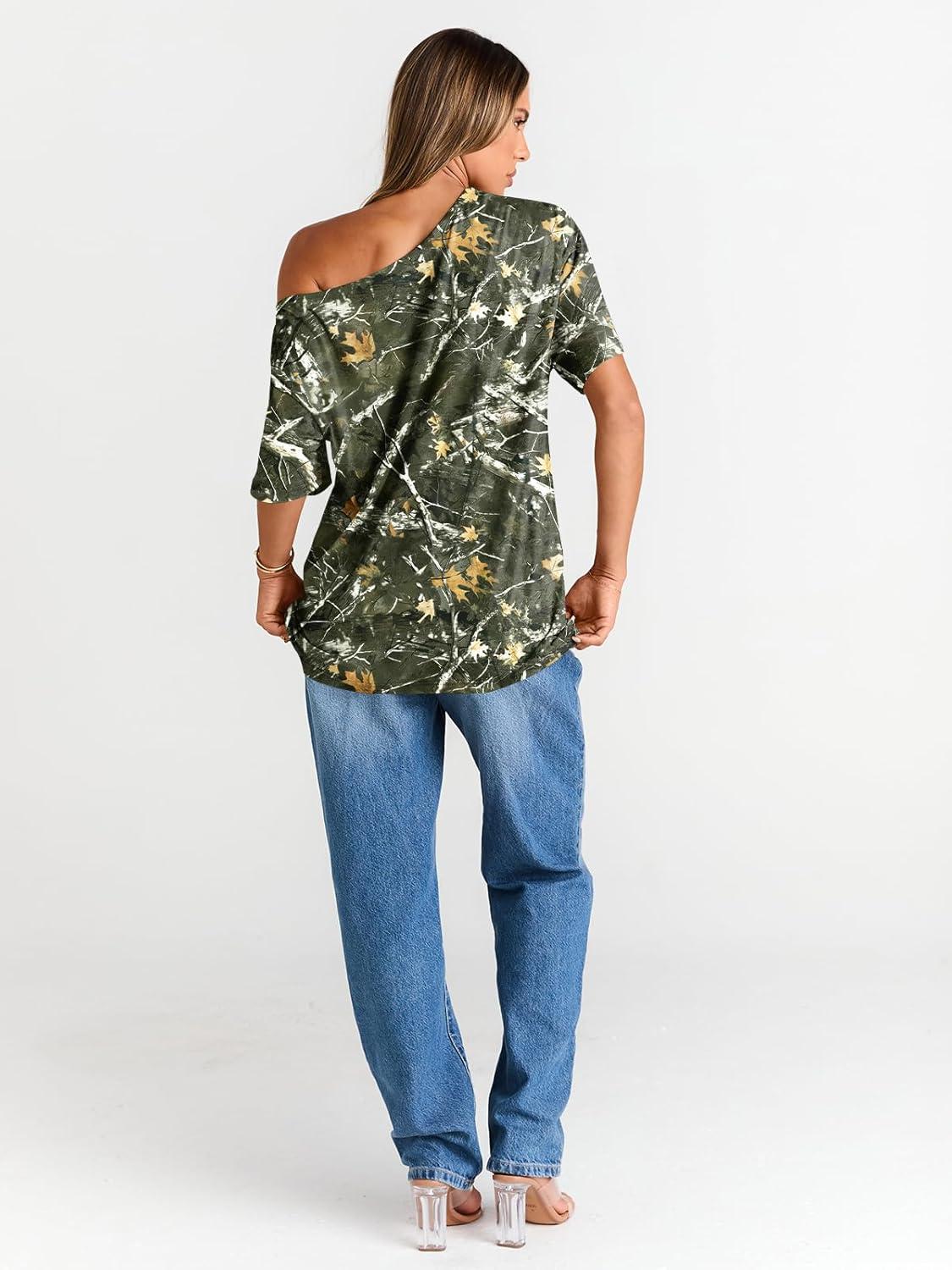 imageTrendy Queen Womens Off The Shoulder Tops Oversized TShirts Short Sleeve Tees Summer 2025 Casual Spring Fashion ClothesMapleleafgreen