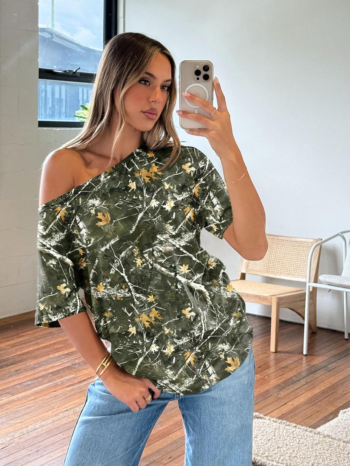 imageTrendy Queen Womens Off The Shoulder Tops Oversized TShirts Short Sleeve Tees Summer 2025 Casual Spring Fashion ClothesMapleleafgreen