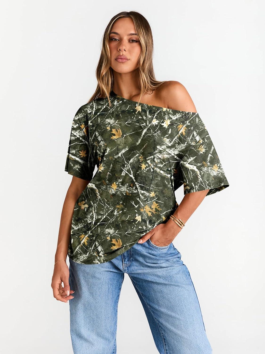 imageTrendy Queen Womens Off The Shoulder Tops Oversized TShirts Short Sleeve Tees Summer 2025 Casual Spring Fashion ClothesMapleleafgreen