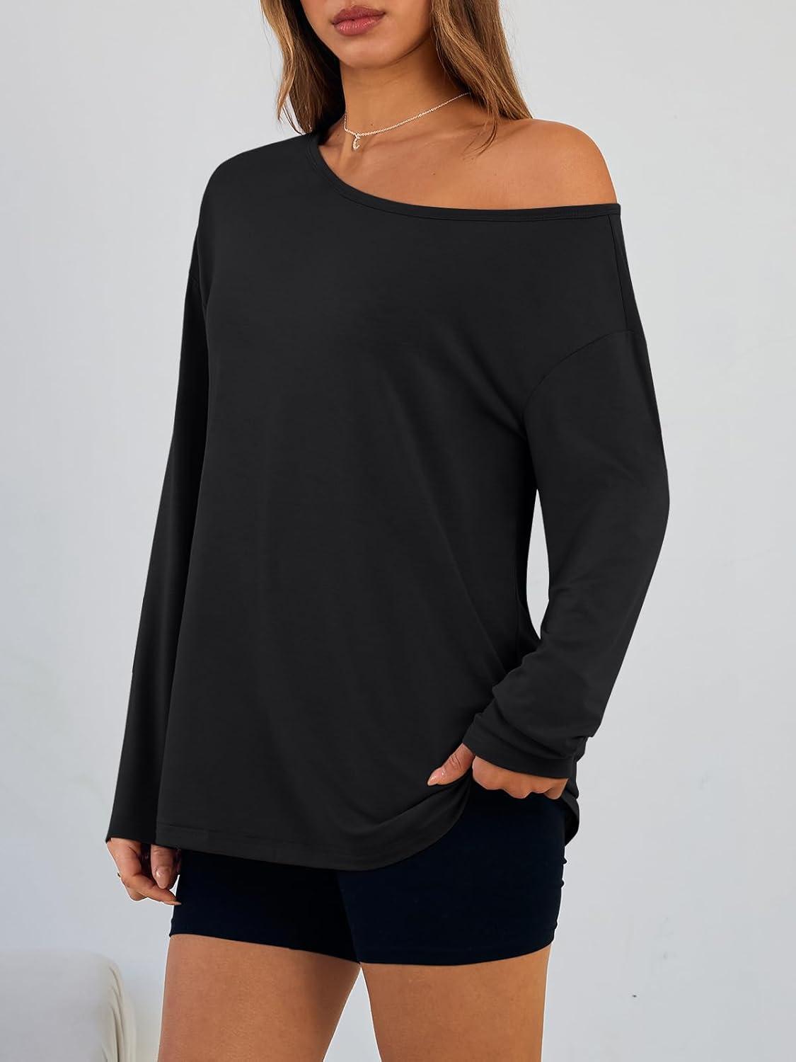 imageTrendy Queen Womens Off The Shoulder Tops Oversized Tshirts Long Sleeve 2025 Casual Basic TeesBlack