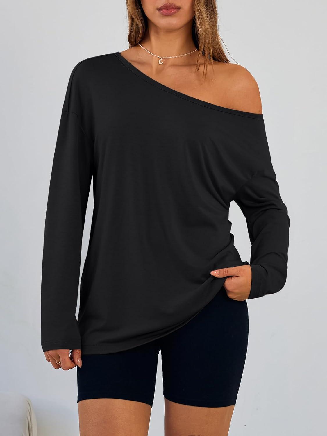 imageTrendy Queen Womens Off The Shoulder Tops Oversized Tshirts Long Sleeve 2025 Casual Basic TeesBlack