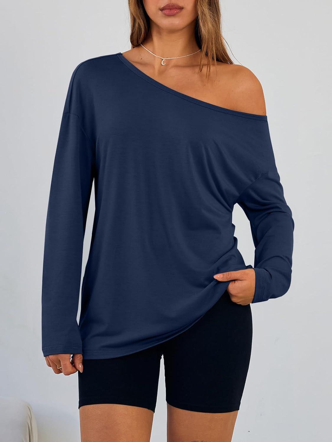 imageTrendy Queen Womens Off The Shoulder Tops Oversized Tshirts Long Sleeve 2025 Casual Basic TeesBlue