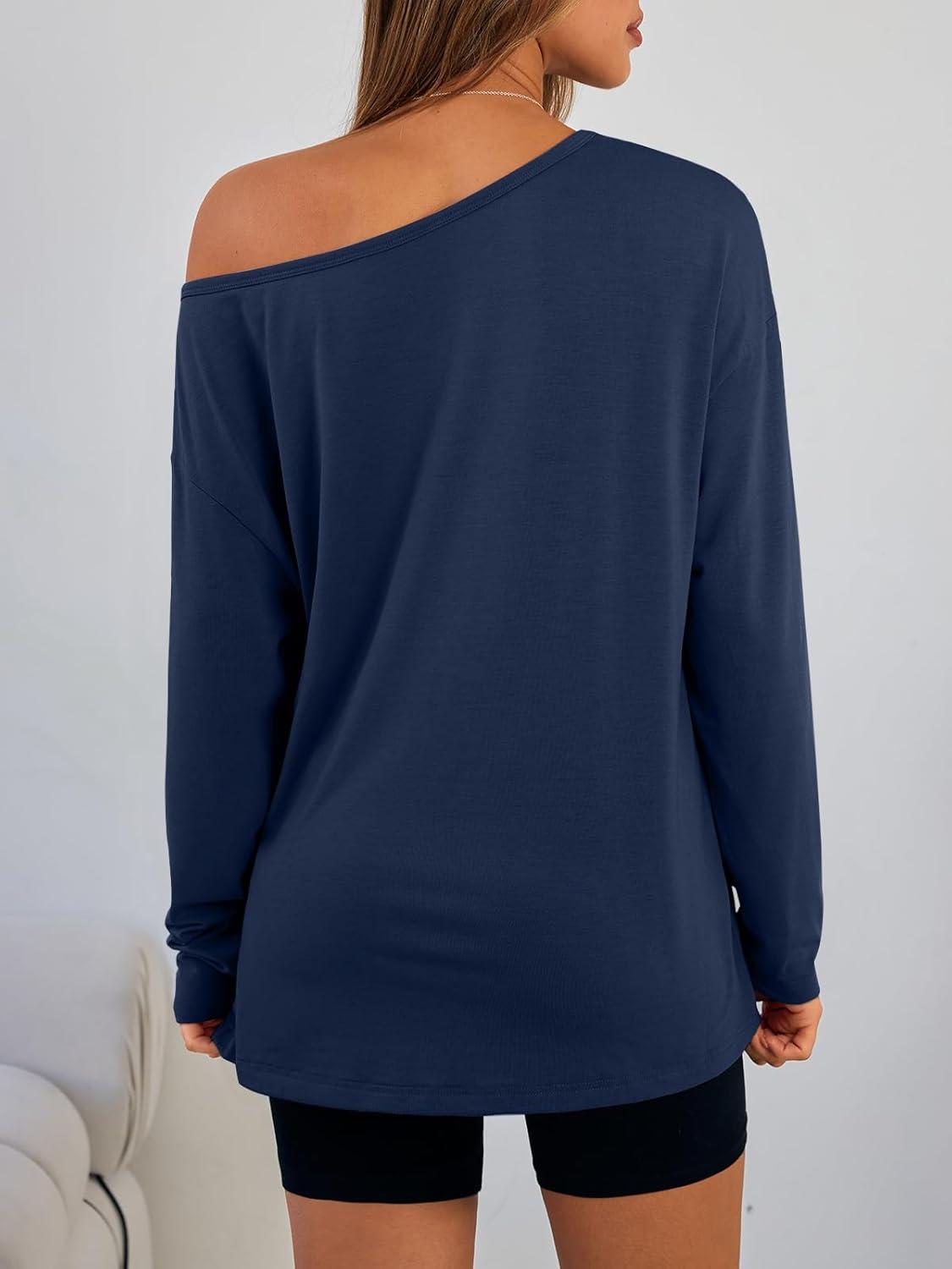 imageTrendy Queen Womens Off The Shoulder Tops Oversized Tshirts Long Sleeve 2025 Casual Basic TeesBlue