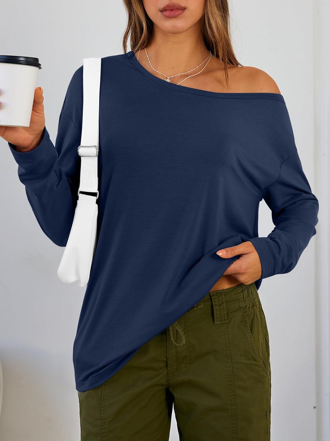 imageTrendy Queen Womens Off The Shoulder Tops Oversized Tshirts Long Sleeve 2025 Casual Basic TeesBlue